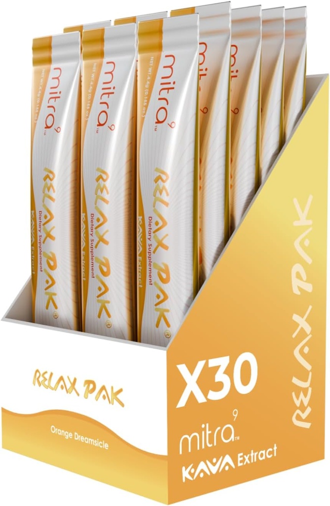 Mitra9 Kava Powder RelaxPak - Orange Dreamsicle Kava Ekstrakt pulverpakker | Mood Enhancer | Plant Basert | Fremmer naturlig ro og klarhet | Easy Open Single-Serving Stick (30)