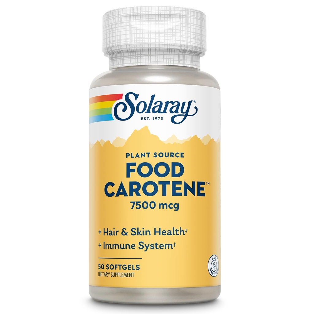 SOLARAY Food Caroten, Vitamin A som Beta Caroten 25000IU Carotenoids for sunn hud og øyne, antioksidant aktivitet og immunsystem støtte ® 50ct