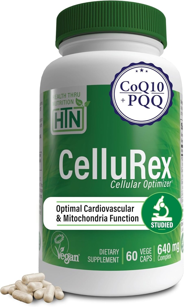 Helse Thru Nutrition CoQ10 Plus PQQ og Red Spinat | Cellurex | Cellular Optimizer for hjerne sirkulasjon energi og Mitochondria funksjonsstøtte | Certified Vegan | Non-GMO (pakke på 60)