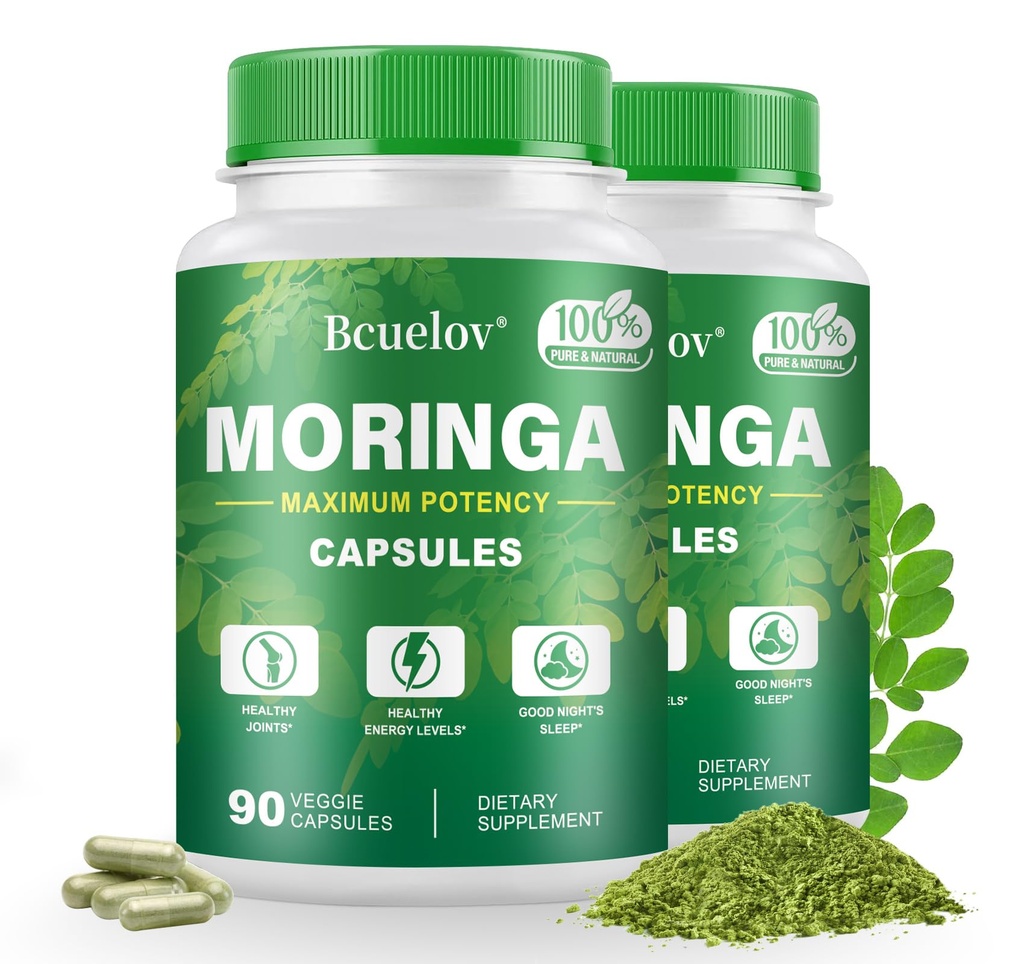 Moringa Kapsler 2 flasker | 800 mg ren moringa pulver kapsler - støtter energi, immunstøtte, Gut helse, grønn supermat inneholder vitaminer og aminosyrer