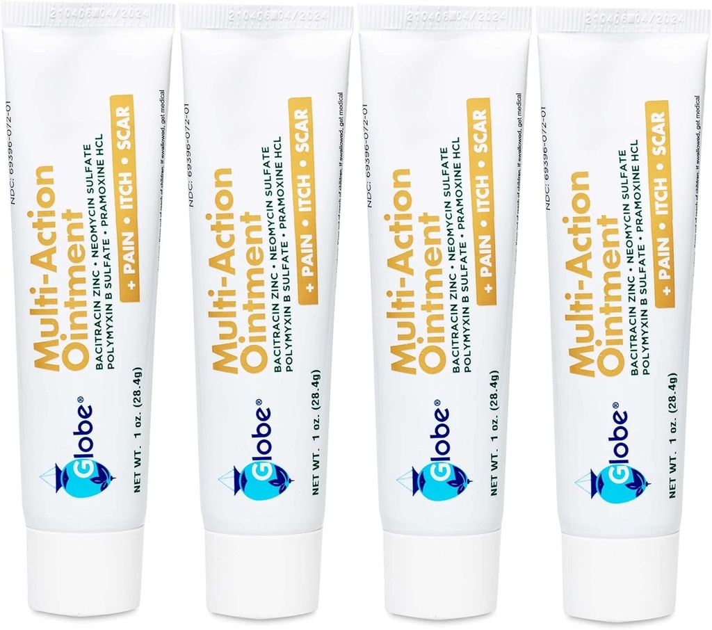 Globe (4 pakke) Førstehjelp Antibiotisk Scar Minimizing Smerte-Relief, Anti-Itch Ointment med Neomycin, Bacitracin Zinc, Pramoxin HCl & Polymyksin B, for mindre kutt, Scrapes & Burns