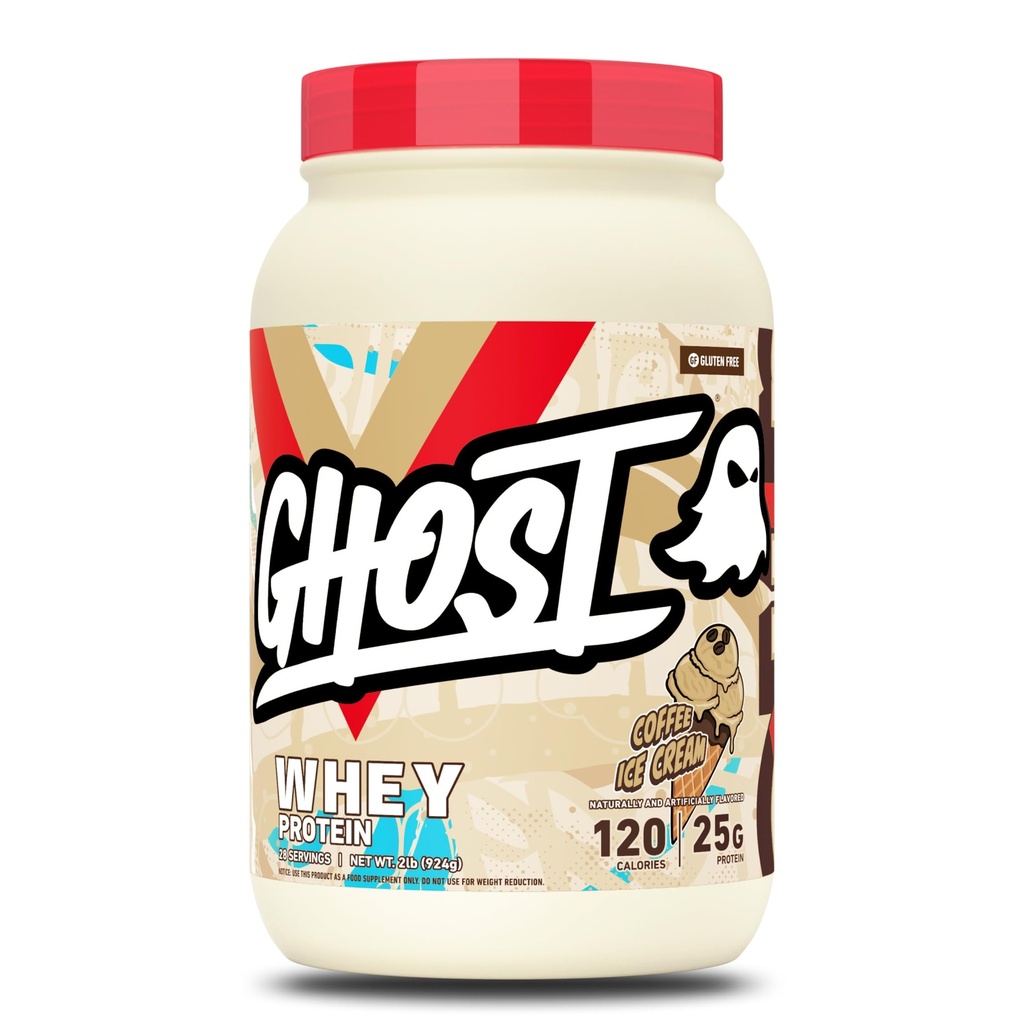 GHOST Whey Protein Powder, Kaffe Iskrem - 2LB, 25G protein - Whey Protein Blend - Post Trening Fitness & Ernæring Skaker, Smoothies, Baking og Matlaging - Soya & Glutenfri
