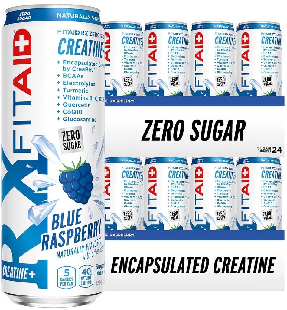 FITAID RX Zero Sukker, Innkapslet kreatin, Trening Recovery Drink, All-In-One Blanding, BCAA, Glukosamine, Turmerisk, B-Complex, Electrolytes, Blå bringebær, 12 Fl Oz (Pack of 24)