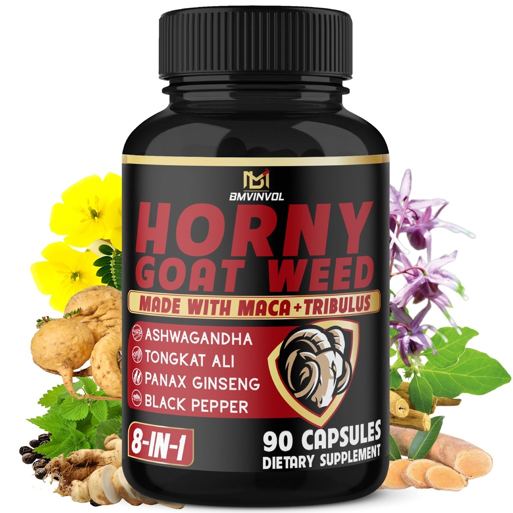 BMVINVOL Horny Goat Weed Capsules med Maca, Ginseng, Tribulus Terrestris, Ashwagandha, Black Pepper - 90 Grev for 3 måneders forsyning