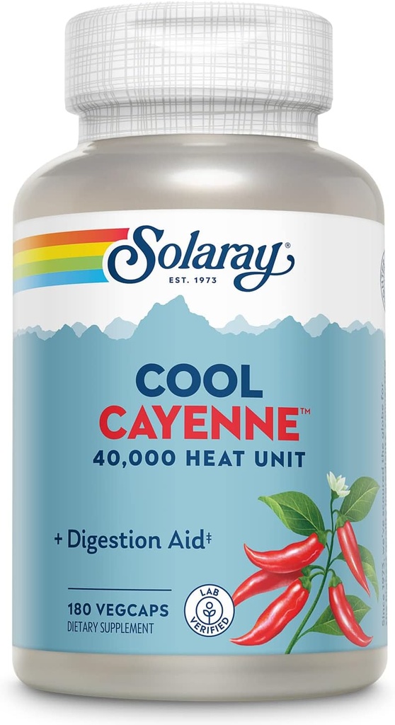 SOLARAY Cool Cayenne Pepper 40.000 HU, Cayenne Pepper Capsules, Digestion Aid, Bio-Cool Prosess, Lab Verifisert, 60-dagers pengene-tilbake garanti, 90 serveringer, 180 Vegkaps