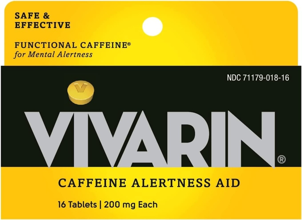 Vivarin, Kaffepiller, 200 mg koffein i hver tablett, trygt og effektivt hjelper deg å holde deg våken, årvåkenhetshjelp, energitilskudd, 16 tabletter - 5 pakke