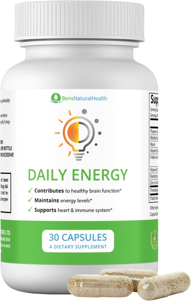 Bens naturlige helse daglig energi B-vitamin kompleks med TMG og sink for naturlig energi, stress, fokus og immunstøtte, 30 kapsler