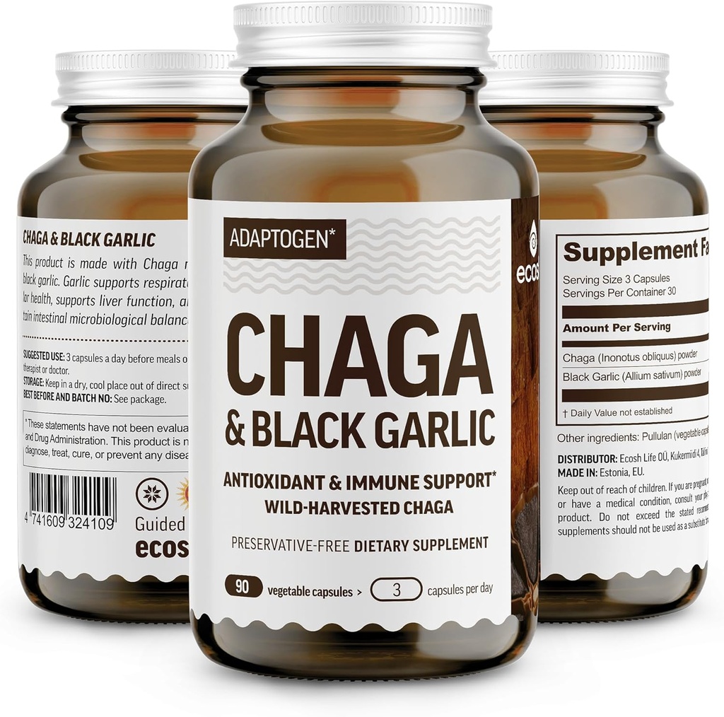 100% ekte Wild Chaga Mushroom og eldre svart hvitløk pulverkapsler — Antioksidant og immun støtte Supplement | Nordic Forest Chaga Mushrooms med svart hvitløk | Ingen fyllstoffer | 1500 mg Kapsler | 90 ct