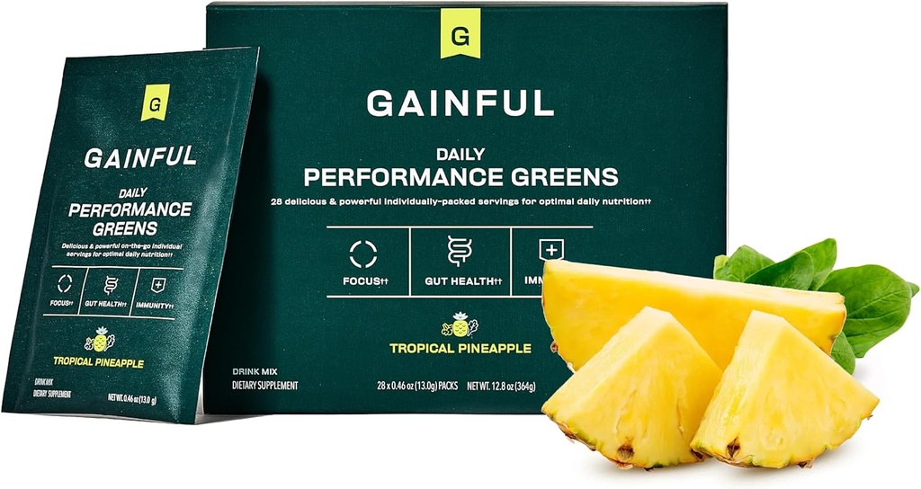 Gainful Daily Performance Grønn pulver, Kokos Pineapple, Gut helse, energi, fokus og immun støtte med L teanin, organiske grønnsaker, klorella, ginger, grønn + adapter drikk blanding, 28 pakker