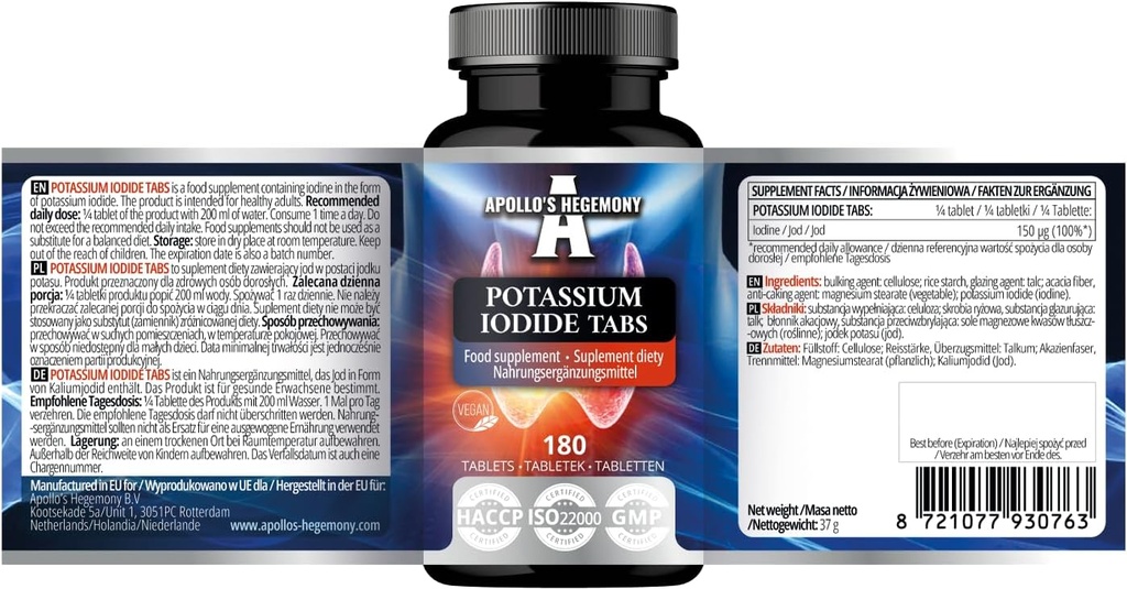 Kalium jodide 150 mikrog per portion - 180 Vegan Tabletter - 720 Serveringer - for optimal Gland funksjon og energimetabolisme - Kosttilskudd av Apollos hegemoni