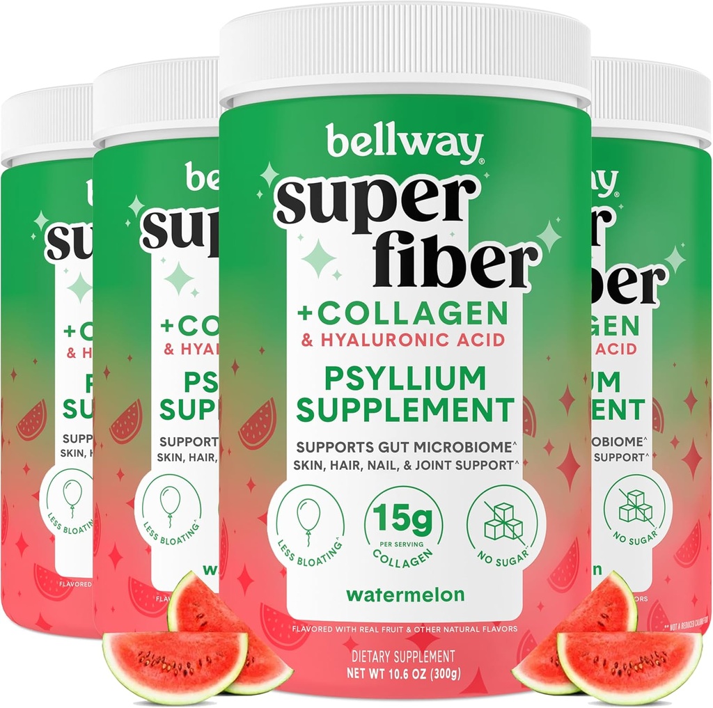 Bellway Super Fiber pulver + Collagen (4 Pack), sukkerfri Psyllium Husk pulver med collagen Peptider og Hyaluronsyre for gut helse, sunn hud, negler, bein og ledd, vannmelon (42.4 oz)