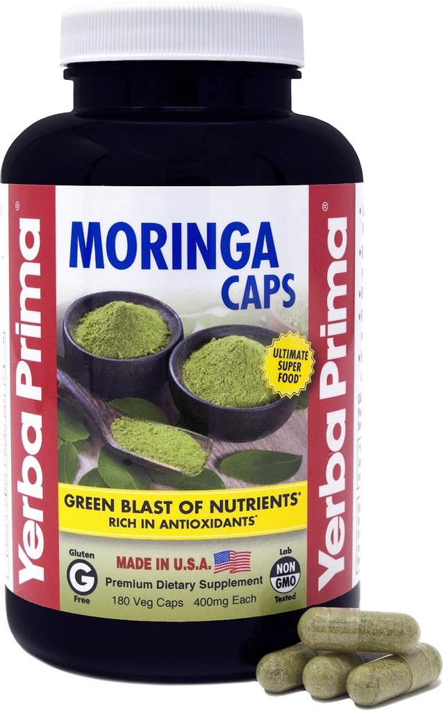 Yerba Prima Moringa, 180 greve Veg Caps - 400 mg ren, tørket blad pulver, Grønn Blast av næringsstoffer, rik på antioksidanter, 100% ren, super mat, ikke-GMO, Vegansk Vennlig, Glutenfri, USA laget