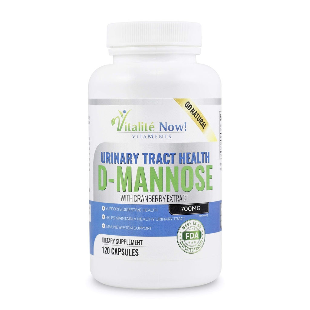 Høy styrke ren D-Mannose med tranebærekstrakt for naturlige urinveis infeksjoner og UTI-støtte - Digestiv helse - Immunsystemstøtte - 700 mg - Non-GMO - 120 piller
