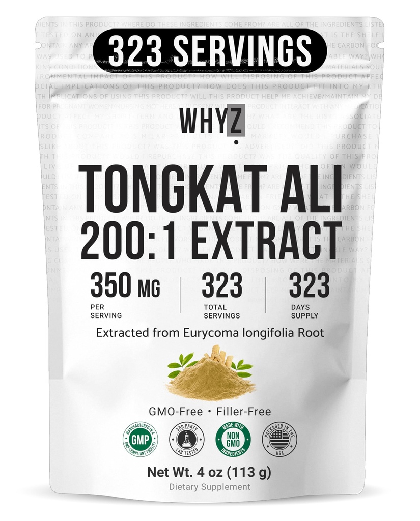 Whyz Tongkat Ali pulver 113g, ren Longjack 200:1 Extract Eurycoma Longifolia Supplement pulver for økt fysisk ytelse og velvære, Longjack Tongkat Ali for menn og kvinner, 323 serveringer