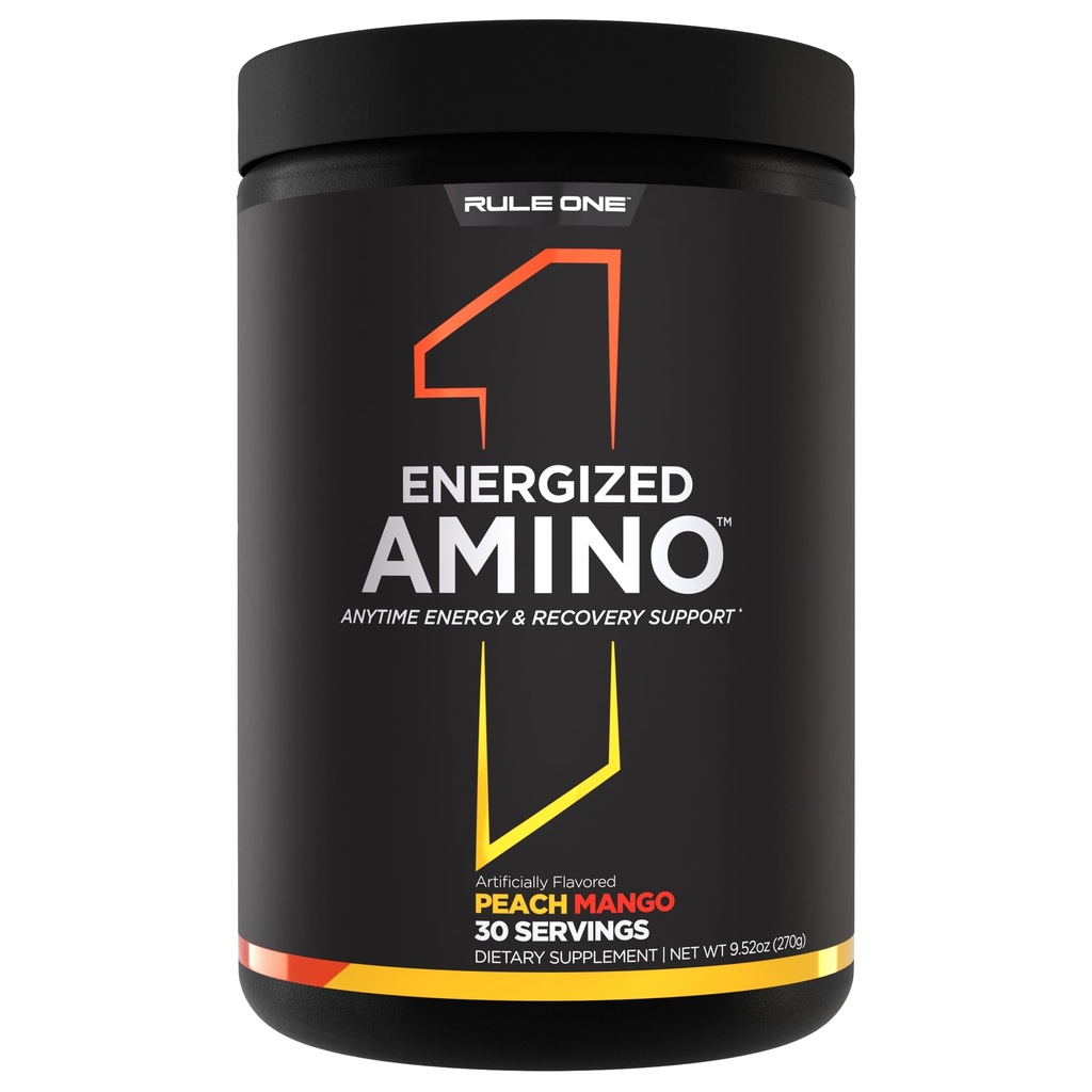 Regel 1 Energized Amino – Anytime Energy and Recovery Support med BCAA, Glutamine, Citrulline, Beta Alanine, og koffein fra grønn kaffe & te blad ekstrakter (30 serveringer, Peach Mango)