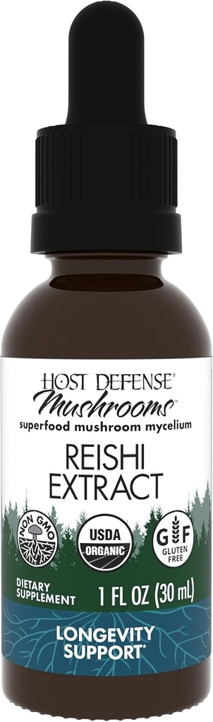 Host Defense Reishi Extract - Heart & Immune Health Support Supplement - Mushroom Supplement til å støtte energi og vitalitet - Reishi Supplement til å hjelpe generell velvære - 1 fl oz (30 Serveringer)*