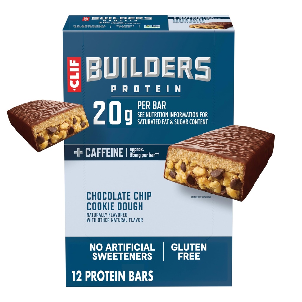 CLIF BUILDERS + Koffein Protein Bars - Sjokolade Chip Cookie Dough Flavor - 20g Plant Basert Protein - Glutenfri - Ikke-GMO - lav glykemisk - Ingen kunstige søtningsstoffer - 2,4 oz. (12 Pack)