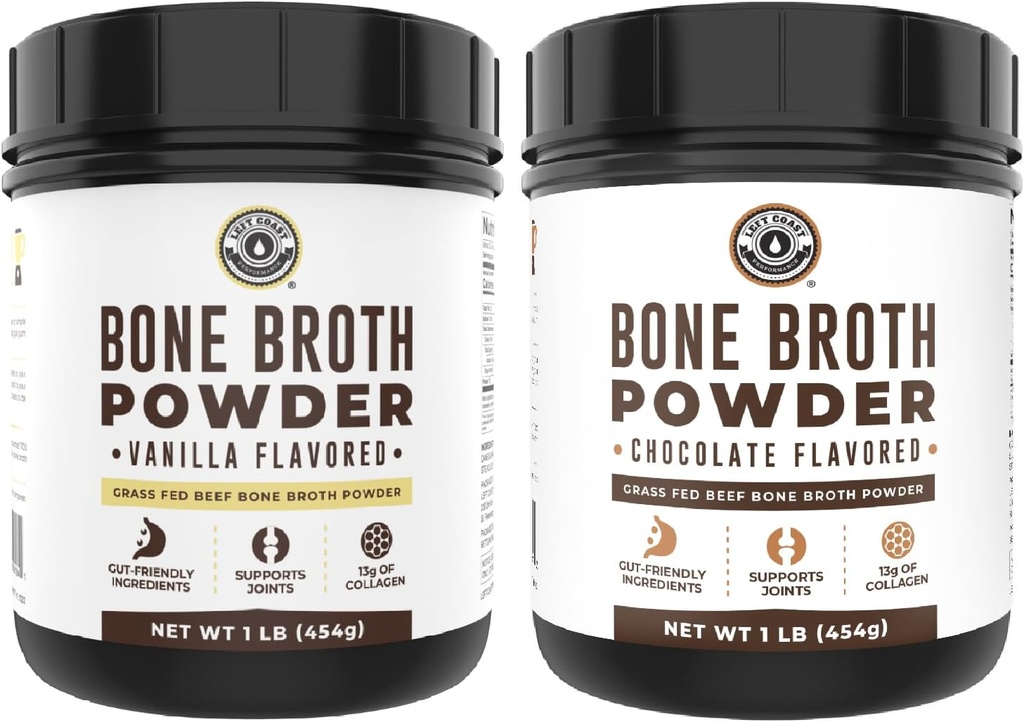Venstre kyst ytelse Vanilla Bone Broth protein pulver, 16oz + sjokolade Bone Broth protein pulver 16oz