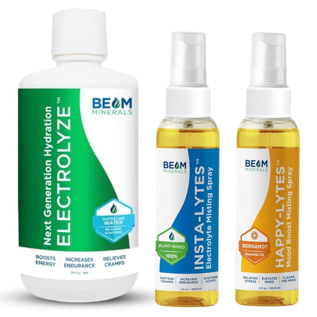 Beam Minerals Electrolyte Imbalance Solution Electrolyze og Insta-Lytes naturlige flytende elektrolyter 2oz og Happy-Lytes Fulvic Electrolyte Misting Spray 2oz