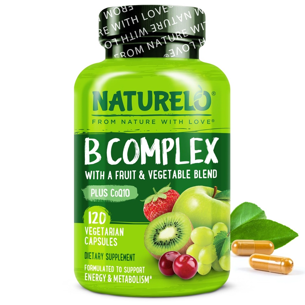 NATURELO Vitamin B-kompleks med Metyl B12, Metyl Folat, vitamin B6, Biotin Plus Choline, CoQ10, og frukt og grønnsaker blanding - støtter energi og sunn stressrespons - Vegan - 120 kapsler