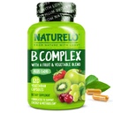 NATURELO Vitamin B-kompleks med Metyl B12, Metyl Folat, vitamin B6, Biotin Plus Choline, CoQ10, og frukt og grønnsaker blanding - støtter energi og sunn stressrespons - Vegan - 120 kapsler
