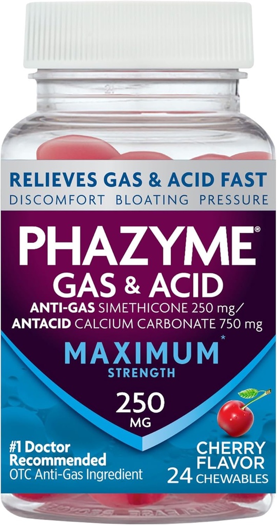 Phazyme Maksimal styrke gass & syre relief, fungerer raskt, Cherry Flavor, 24 Chews (Packing May Vary)