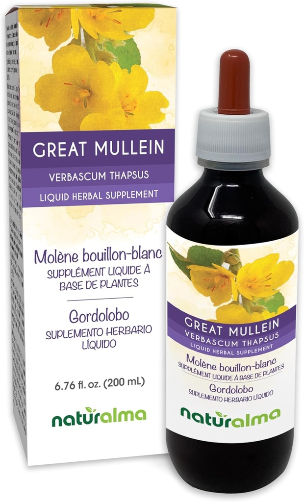 Naturalma Great Mullein eller vanlig Mullein (Verbascum thapsus) Blomster og blad alkohol-fri tinktur - 6,76 fl oz flytende ekstrakt i dråper - urte Supplement - Vegan