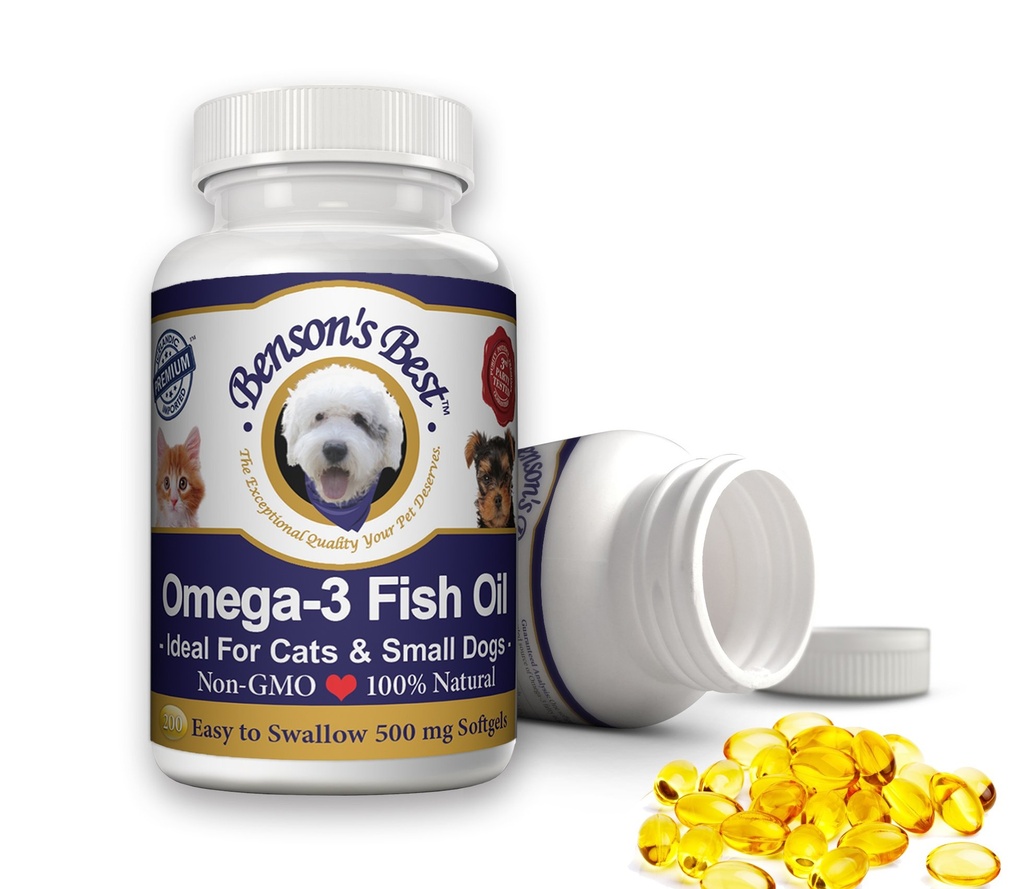 Bensons beste Omega 3 fiskeolje for katter og små hunder - 200 mykgels 500mg - 43% Mer Omega 3 fettsyrer enn lakseolje - 100% ren, ikke-GMO, naturlig kjæledyr hunde Fish Oil kosttilskudd