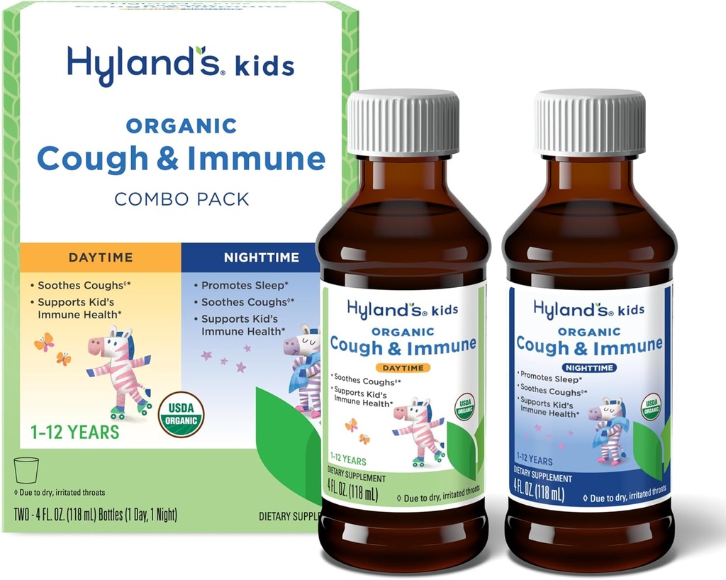 Hyland's Kids Organic Cough og Immune Day and Night Combo Pack, Eases Coughs, støtter immunisme, fremmer søvn, to 4 Fl Oz. Flasker (8 fl oz)