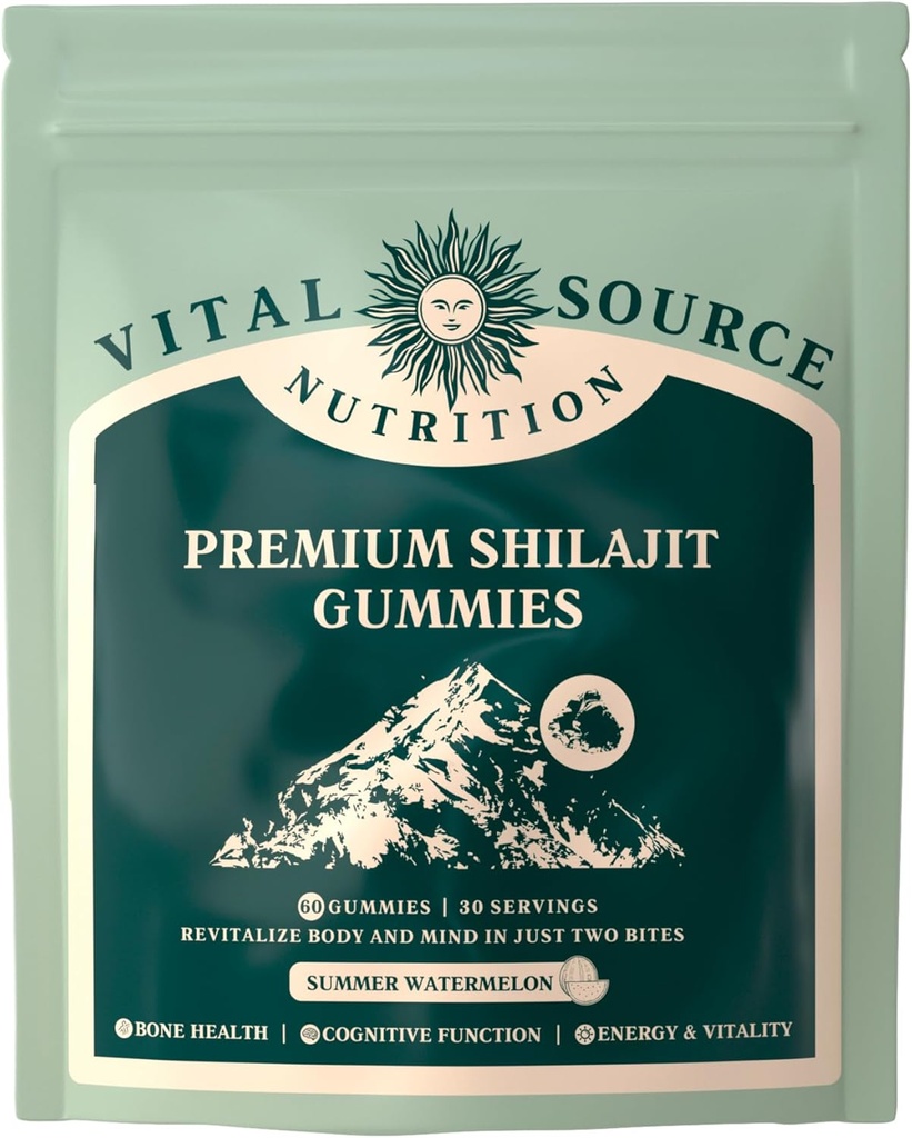 Vital Source Nutrition - Premium Shilajit Gummies - Bein, hjerne, energi og vitalitetsstøtte - Himalayan Organic Shilajit - Vegan, Glutenfri og Halal - Summer Watermelon - 60 Gummies - 30 Services