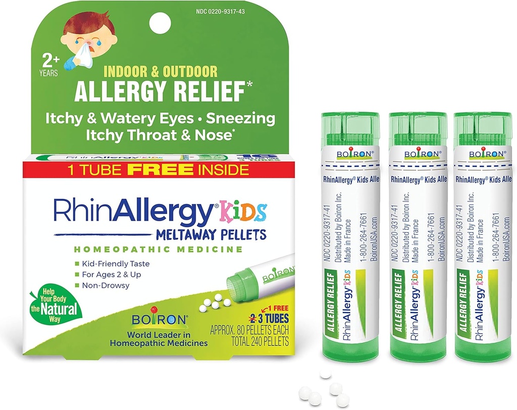 Boiron RhinAllergy Kids Pellets for relief fra Allergi Symptomer på sensing, Runny Nese, og kløende øyne eller Throat - 3 greve (240 Pellets)