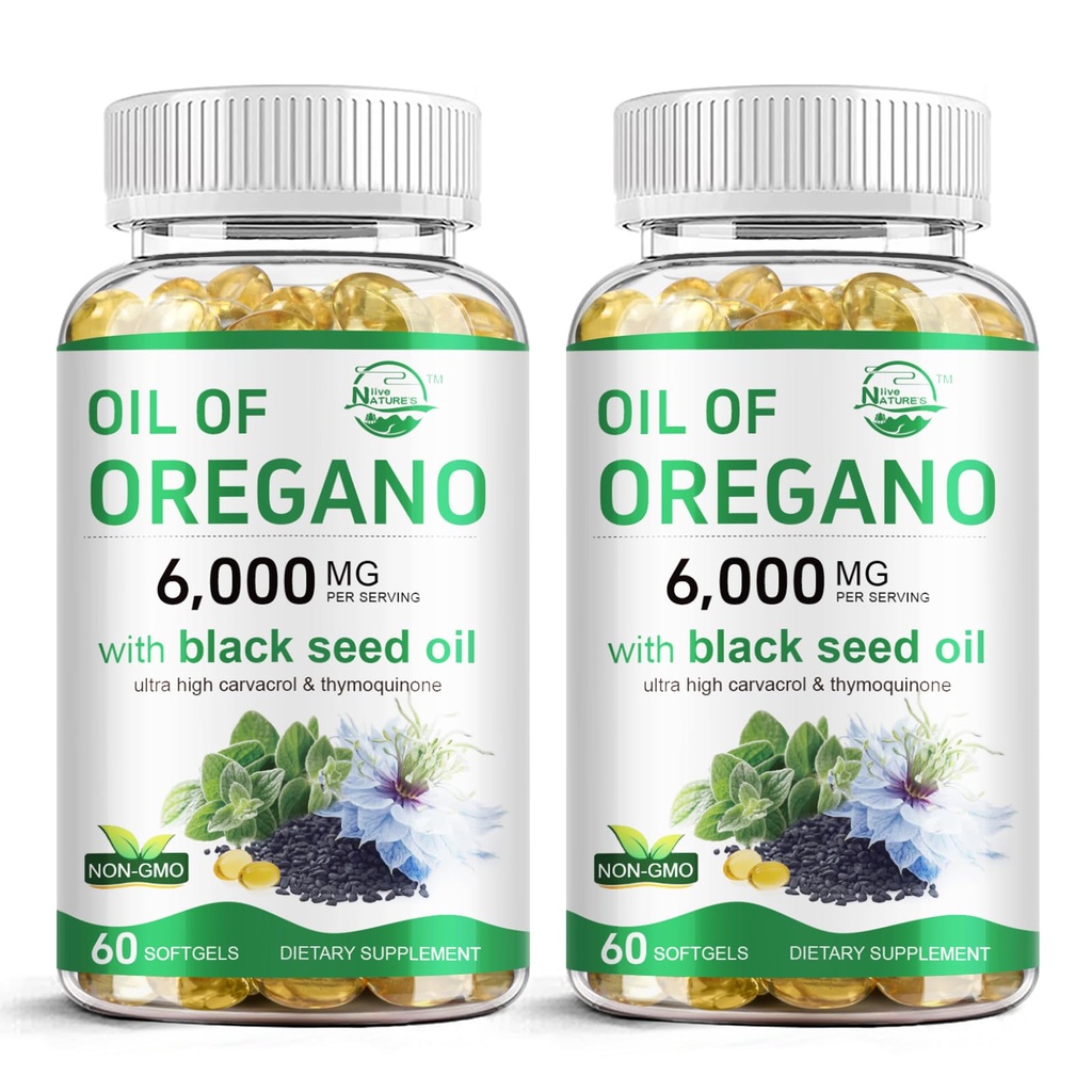 Naturens levende olje av Oregano med svart frøolje, 2 i 1 Oregano Supplement for immunhelse, holder høyt konsentrert karvakrol og tymokinon, ikke-GMO, 60 Softgels, 2 pakke