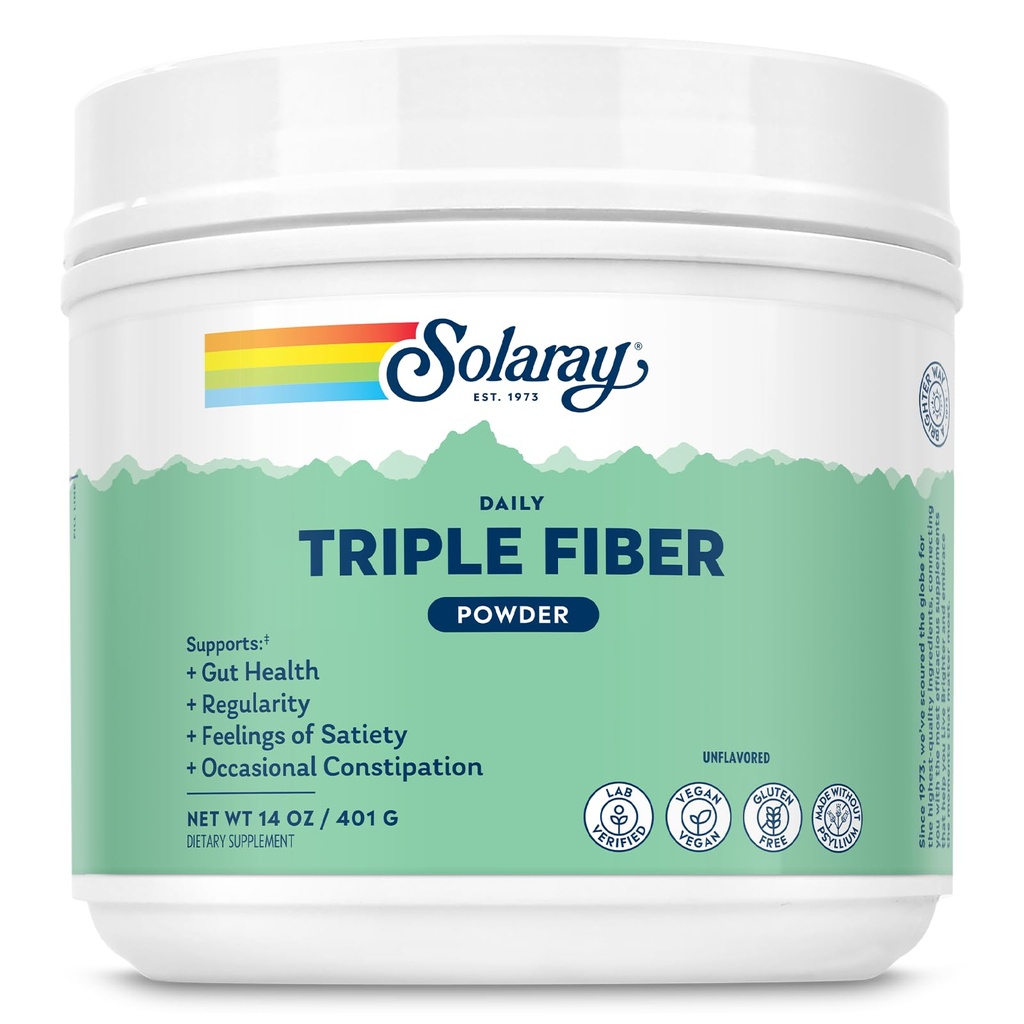 SOLARAY Triple Fiber pulver - Daglig fiber Supplement for kvinner og menn w/Prebiotika - Gut Helse, Av og til, Digestiv Helsestøtte, Vegansk, Glutenfri, 30 Services, 14oz