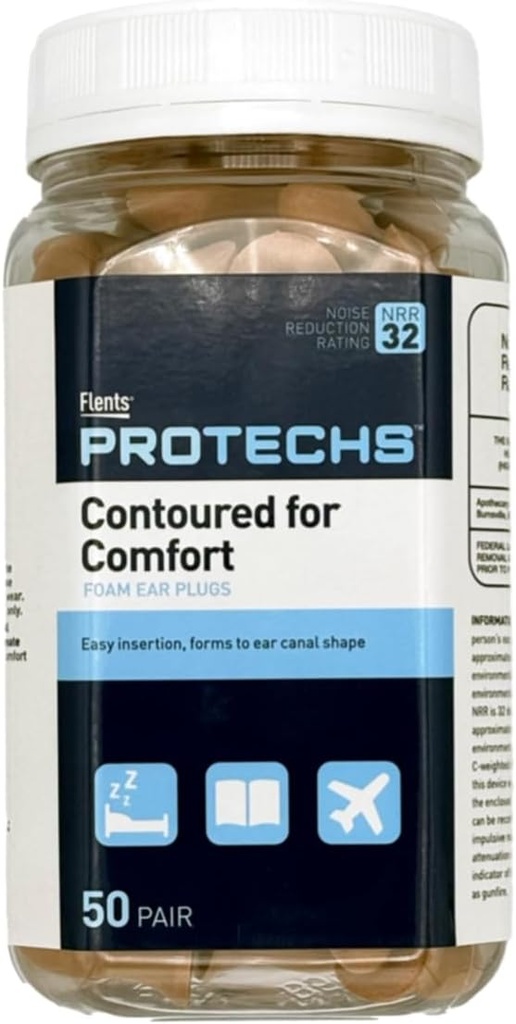 Flents Protechs Disposable Foam ørepropper, konturert for komfort, Ideell for arbeid, høy støy, tunge maskiner, konstruksjon, studere, skyte og reise, NRR 32, Beige, enkel å bruke, 50 par