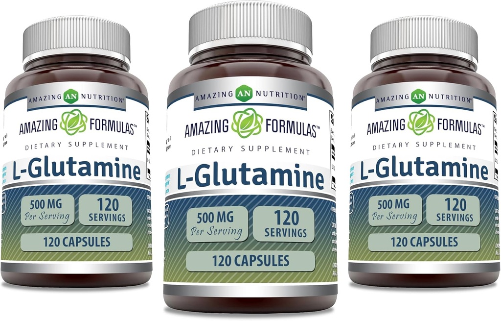 Amazing Formler L-Glutamine 500 mg Kapsler | Aminosyre Supplement | Ikke-GMO | Glutenfri | laget i USA (3 pakke, 120 greve)