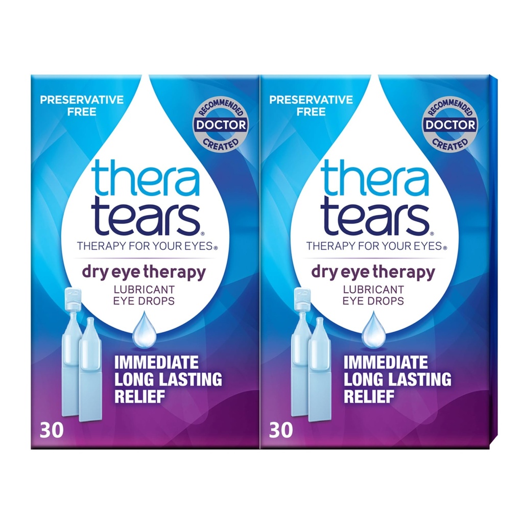 TheraTears Tørr Eye Therapy smørende øyedråper for tørre øyne, preservative gratis øyedråper, 30 enkeltbruks vikker (2 pakke)