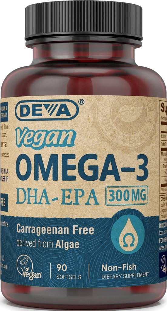 DEVA Vegansk Omega-3 DHA-EPA 300MG – Ingen Carrageenan, ikke-fish olje avledet fra Algae, Ikke-GMO, 90 Gelatin-fri softgels