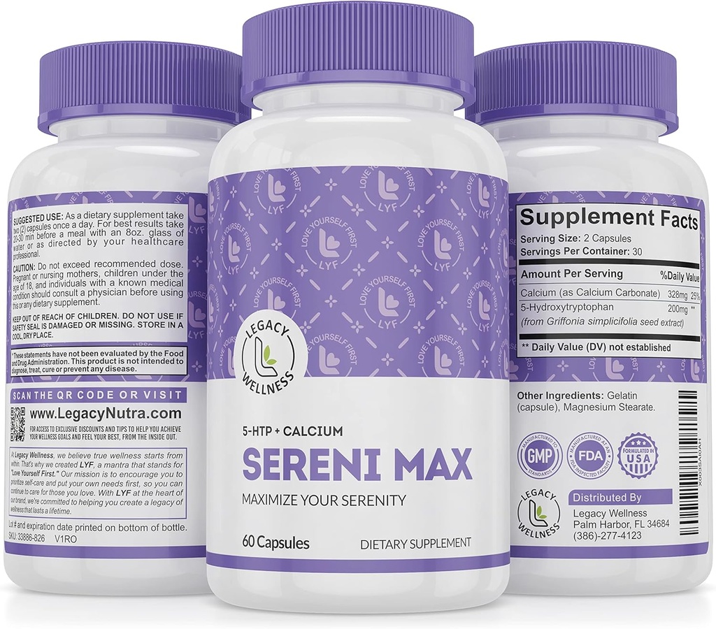 SERINI-MAX - 5-HTP Mood Support Supplement + Kalsium - støtter rolig og fredelig sinnstilstand - Boost Serotonin, 5HTP 200mg for stressstyring og søvn støtte tilskudd - 60 kapsler