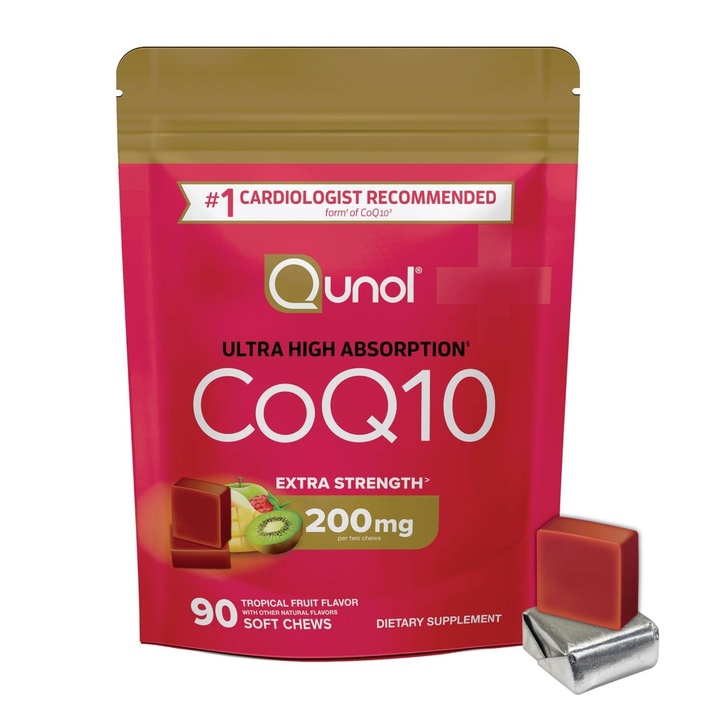 Qunol CoQ10 200mg Myke Chews, Extra styrke og ultra høy absorpsjon Coenzym Q10 Supplement, #1 Cardiologist Anbefalt Supplement for hjerte helse, 90 greve