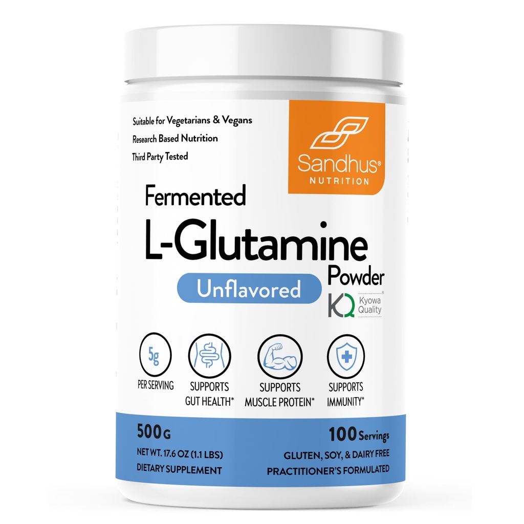 Sandhu L-Glutamin pulver | 100 serveringer, 500 Gram, 17.6 Oz., Stor størrelse, 3 måneders Supply i USA | Ikke-GMO, Aminosyre Supplement for muskelstøtte og Gut helse