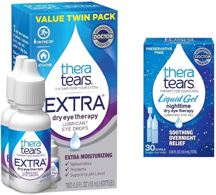 TheraTears Extra tørr øyeterapi Lubriserende øyedråper for tørre øyne, 0,5 floz flaske, 2 telle (pakke med 1) & flytende Gel natttid smørende øyedråper for tørre øyne, enkeltbruks vinger, 30 telle