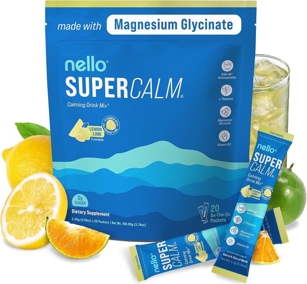 Nello Supercalm Drink Mix - Ashwagandha KSM 66, Magnesium Glycinate & L-Theanine Supplement, vitamin D3 - Ashwagandha Root Extract - Fokus og avslappende støtte (20 Reisepakker) - Lemon Lime