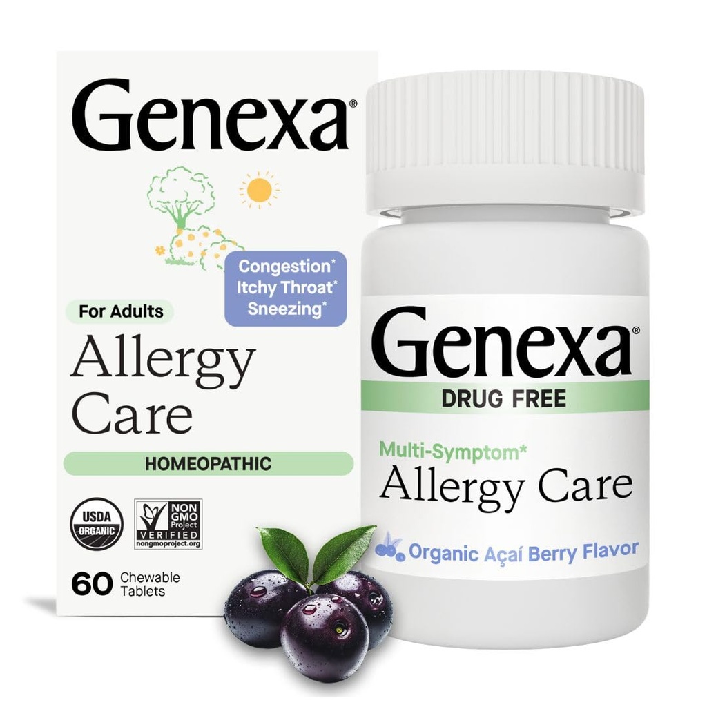 Genexa Allergi omsorg | Narkotikafri, Ikke-Drowsy Allergi & Decongestant Remedy for voksne | Vegan & ikke-GMO | Homeopatisk Allergi Relief laget ren | Organisk Acai Berry Flavor | 60 Chewable Tabletter