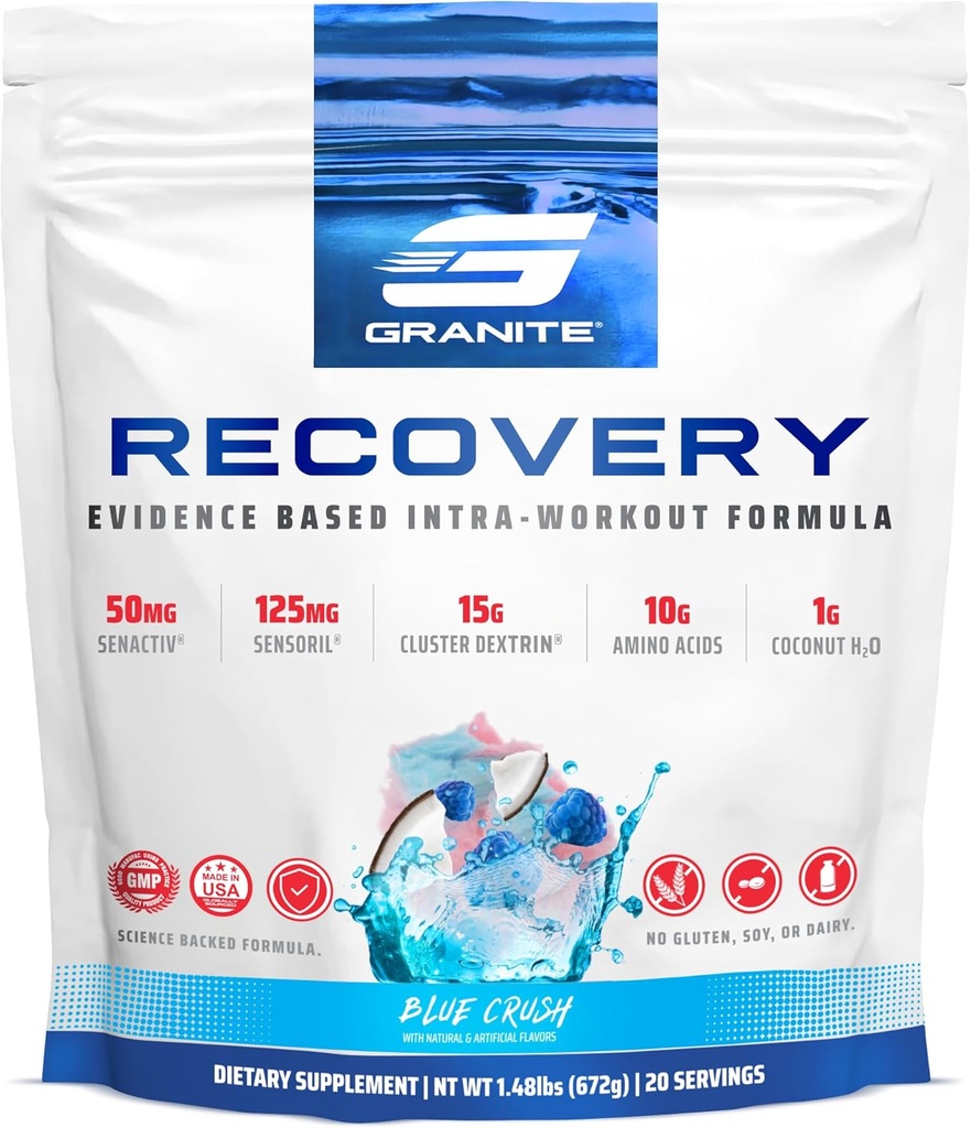 Granitt Recovery Intra og Post-Workout Supplement, Blå Crush Flavor, med 10g Aminos, Electrolytes, Cluster Dextrin, & Sensoril, støtter muskelgjenvinning og vekst (20 Serveringer)
