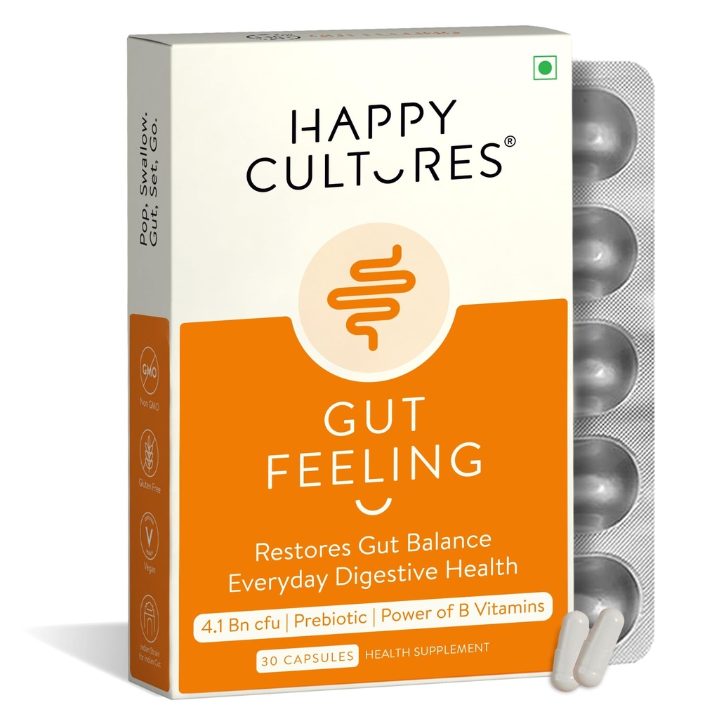 Happy Cultures Gut Feeling Digestion Supplement unik blanding av probiotika for daglig Digestive Helse B-Vitamins Gut Helse Supplement for Bloating, IBS, Digestion klinisk testet - 30 Veg Kapsler