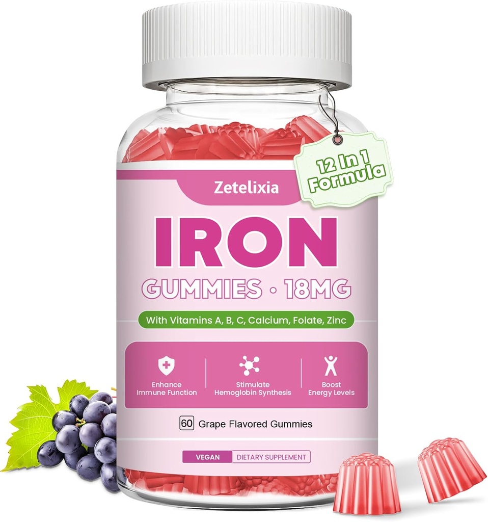 Vegan jern Supplement Gummies for kvinner og menn, Anemi, Blodbygger og energi støtte for jernmanglende, med vitamin C, A, B kompleks, Folat, Beet Root, CoQ10, sink, sukkerfri, 60 greve