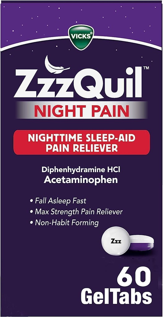 ZzzQuil Night Pain GelTabs, Natttid smerte lindring, søvnhjelp tabletter, Diphenhydramin HCl og Acetaminophen, No.1 søvnhjelp merkevare, Max styrke smertefri, 60 GelTabs