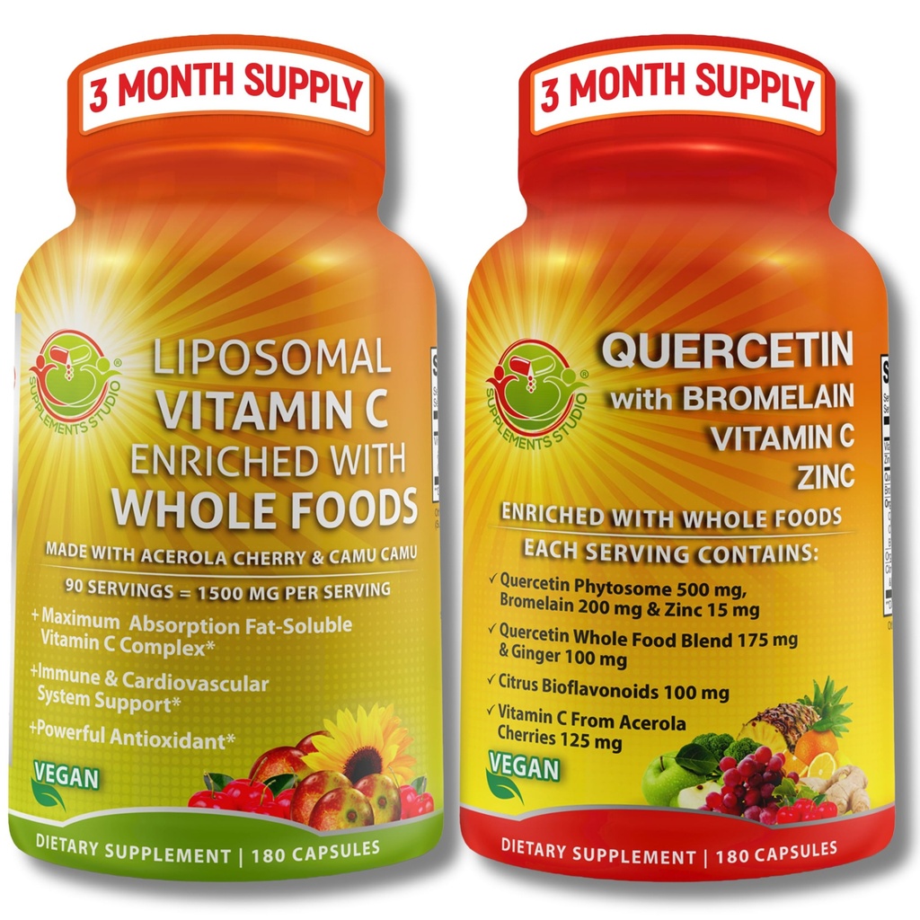 Quercetin med Bromelain, Vitamin C & Zinc + Liposomal Vitamin C 1500 mg – Immunstøtte Bundle med organisk Acerola Cherry, Camu Camu & Citrus Bioflavanoider – Vegan, ikke-GMO, Clean Wellness Support