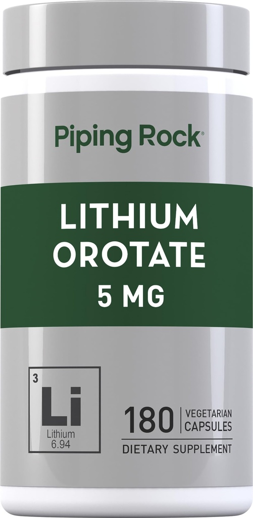 Piping Rock Litium Orotate Supplement | 5 mg | 180 Kapsler | Ikke-GMO, Glutenfri