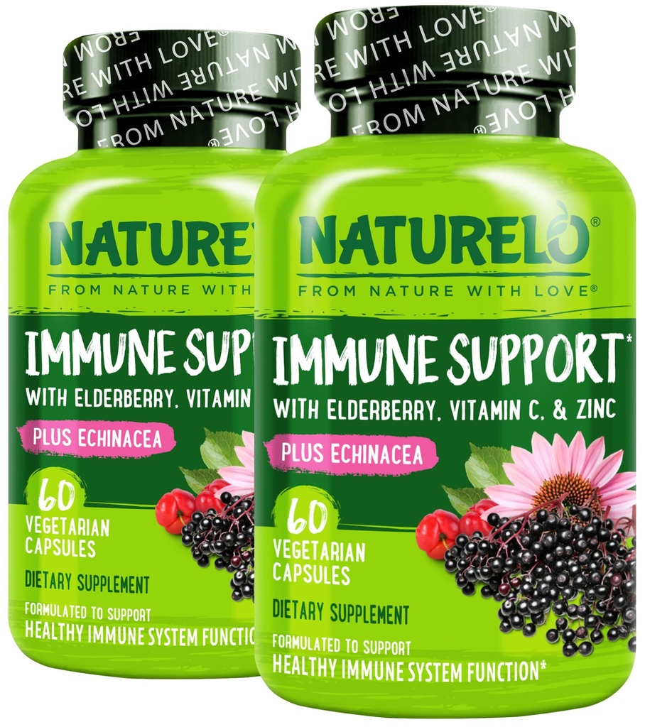 NATURELO Immune Support Vitamin C, Elderbær, Sink, Echinacea Naturlig immunisme Økt w/antioksidant, Herbal & Mineral Defense - 60 Vegan Capsules (pakke av 2)